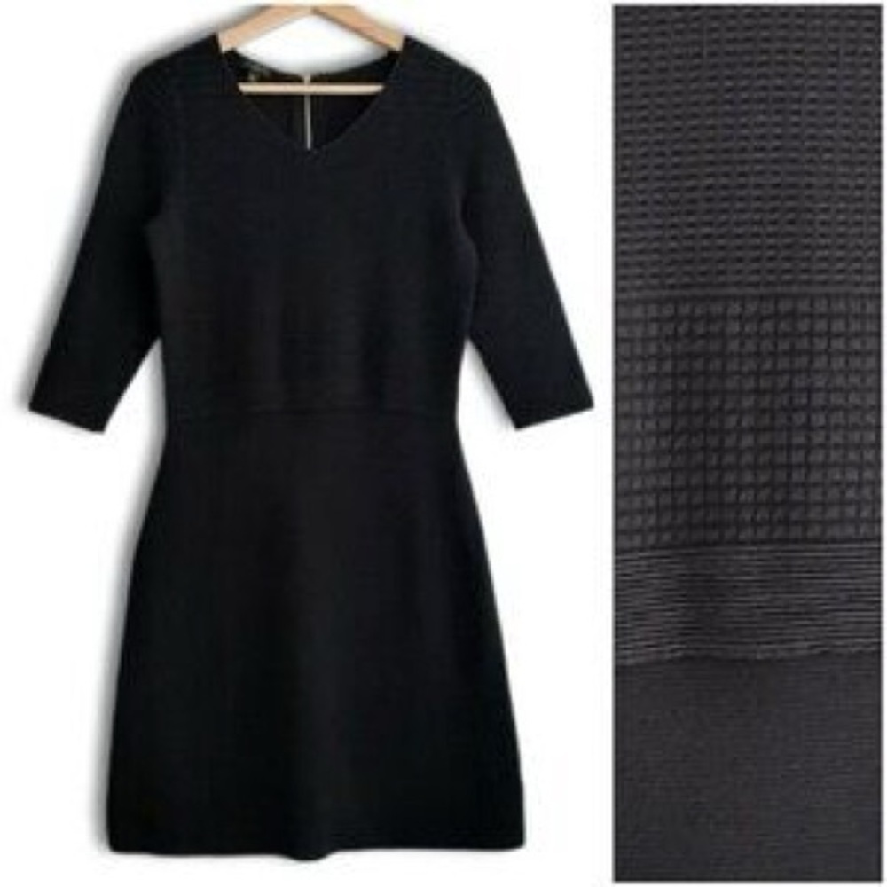 Talbots Sz M Midi Black Waffle Knit Sweater Dress Zipper Closure 3/4 Sleeve NWT